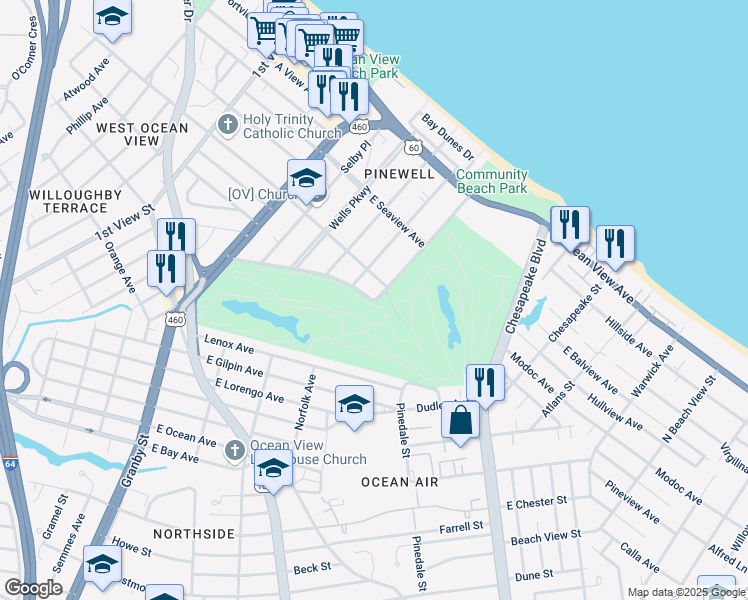 map of restaurants, bars, coffee shops, grocery stores, and more near Norfolk Avenue in Norfolk