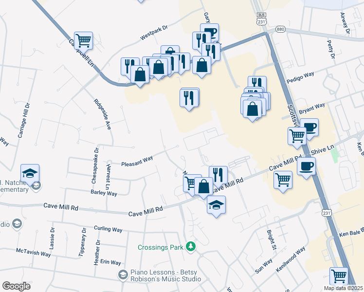 map of restaurants, bars, coffee shops, grocery stores, and more near 1568 Pleasant Valley Court in Bowling Green