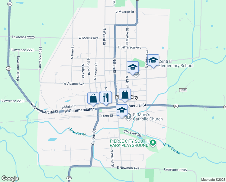 map of restaurants, bars, coffee shops, grocery stores, and more near 201 N Elm St in Pierce City
