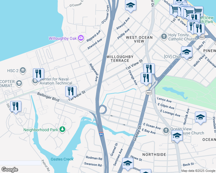 map of restaurants, bars, coffee shops, grocery stores, and more near 177 Bearden Road in Norfolk