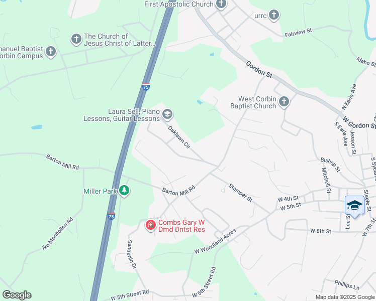 map of restaurants, bars, coffee shops, grocery stores, and more near 173 Oaklawn Circle in Corbin
