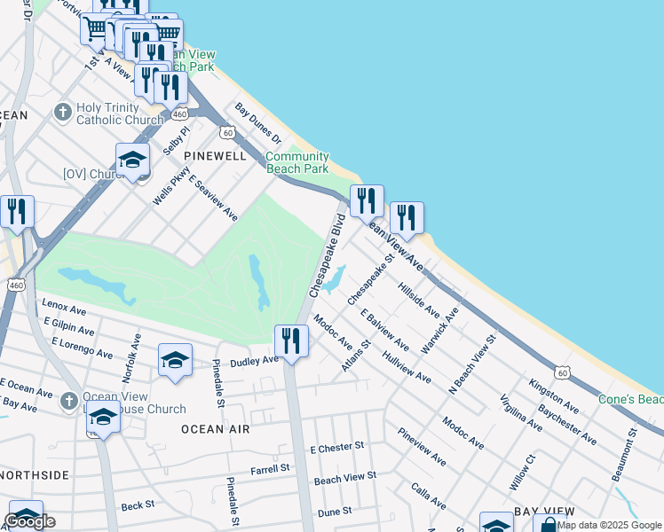 map of restaurants, bars, coffee shops, grocery stores, and more near 9538 Chesapeake Boulevard in Norfolk