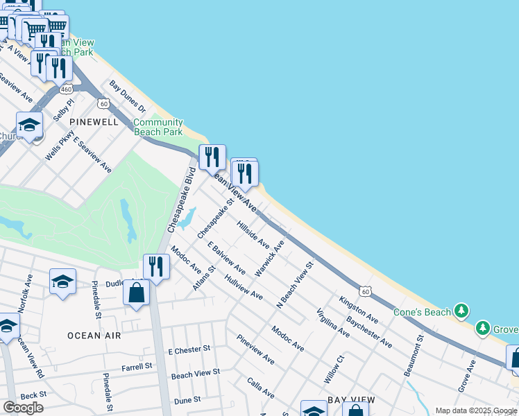 map of restaurants, bars, coffee shops, grocery stores, and more near 1034 East Ocean View Avenue in Norfolk