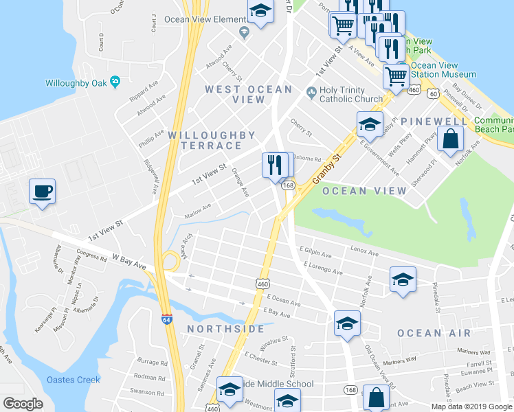map of restaurants, bars, coffee shops, grocery stores, and more near 9308 Belgrave Avenue in Norfolk