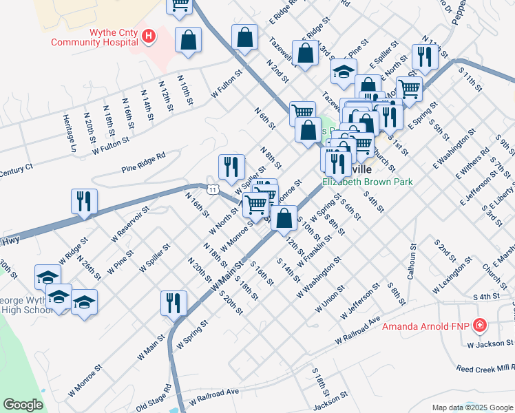 map of restaurants, bars, coffee shops, grocery stores, and more near 644-698 W Monroe St in Wytheville