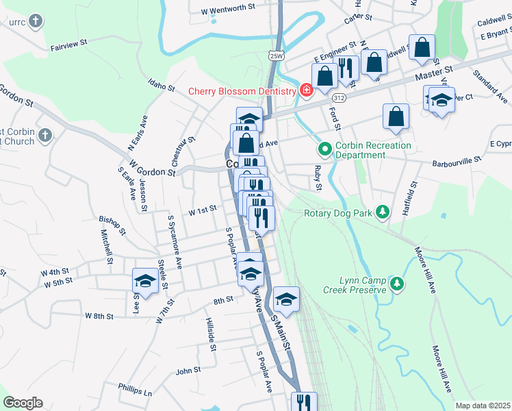 map of restaurants, bars, coffee shops, grocery stores, and more near 115 South Main Street in Corbin