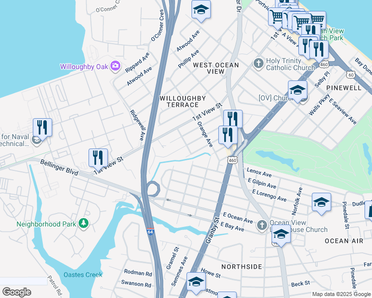 map of restaurants, bars, coffee shops, grocery stores, and more near 9254 Marlow Avenue in Norfolk