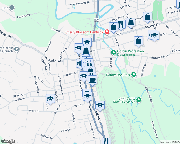 map of restaurants, bars, coffee shops, grocery stores, and more near 115 South Main Street in Corbin