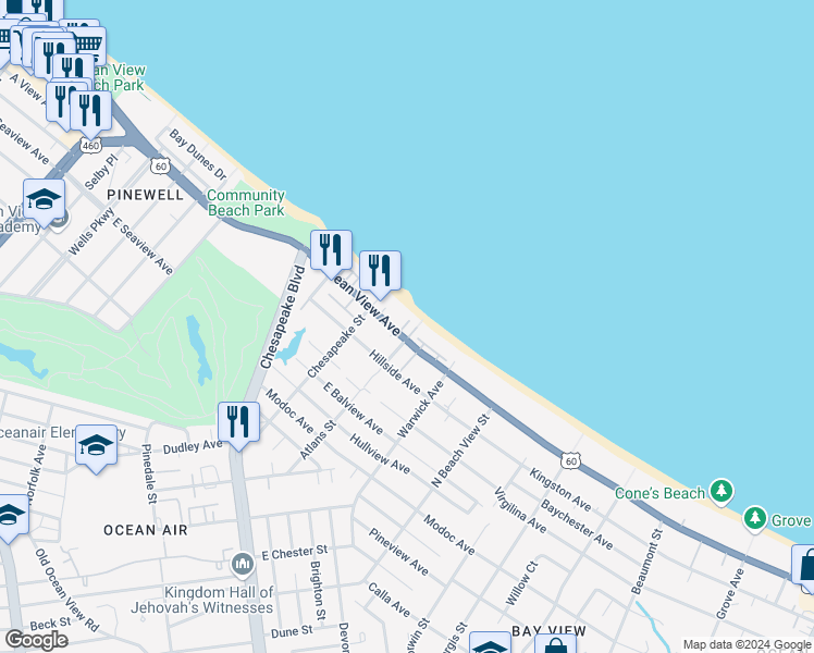 map of restaurants, bars, coffee shops, grocery stores, and more near 1038 East Ocean View Avenue in Norfolk