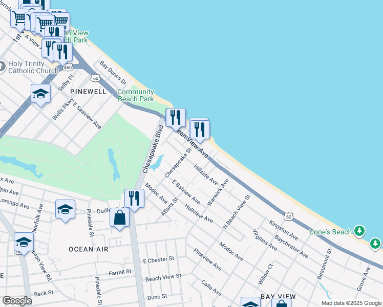 map of restaurants, bars, coffee shops, grocery stores, and more near 9640 Chesapeake Street in Norfolk