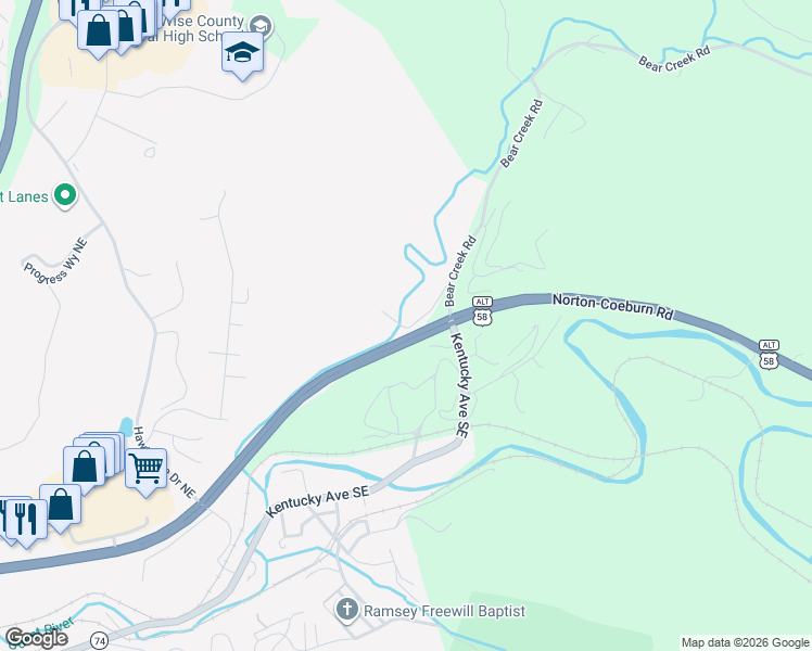 map of restaurants, bars, coffee shops, grocery stores, and more near 1481 Hawthorne Road Southeast in Norton