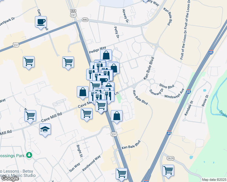 map of restaurants, bars, coffee shops, grocery stores, and more near Shive Lane in Bowling Green