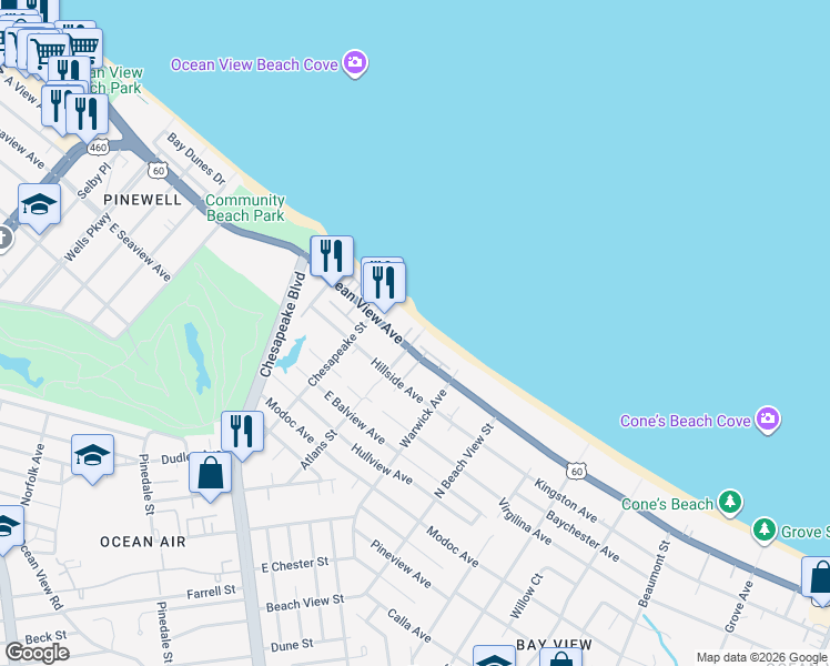 map of restaurants, bars, coffee shops, grocery stores, and more near 1052 East Ocean View Avenue in Norfolk