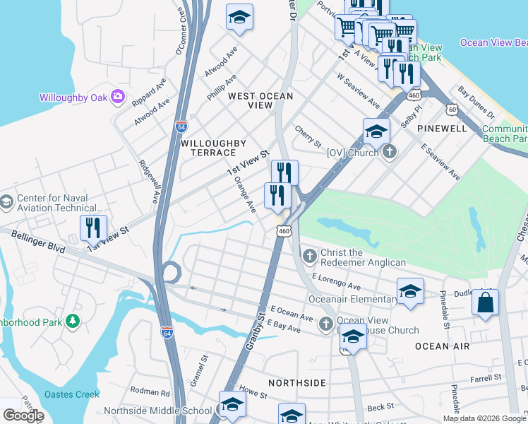 map of restaurants, bars, coffee shops, grocery stores, and more near 9308 Belgrave Avenue in Norfolk