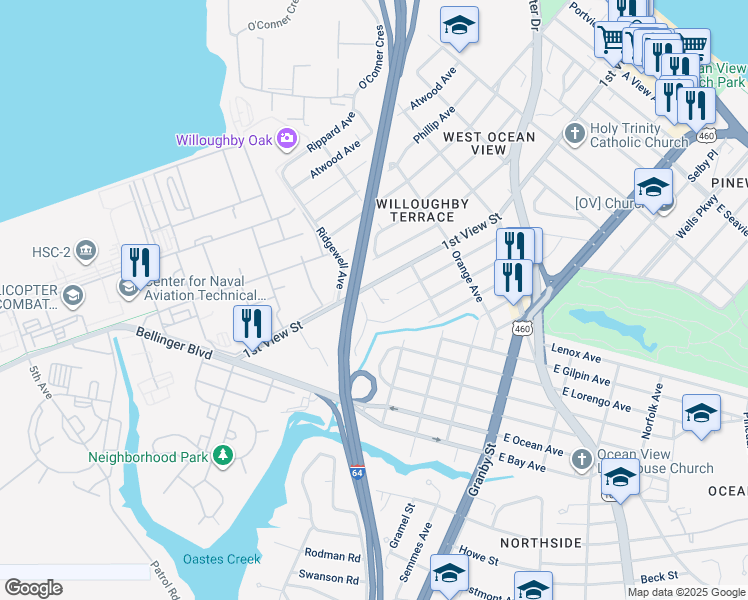 map of restaurants, bars, coffee shops, grocery stores, and more near 185 Bearden Road in Norfolk