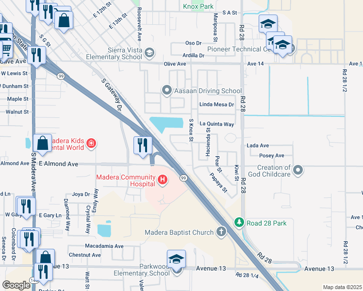 map of restaurants, bars, coffee shops, grocery stores, and more near 1252 Peach Court in Madera