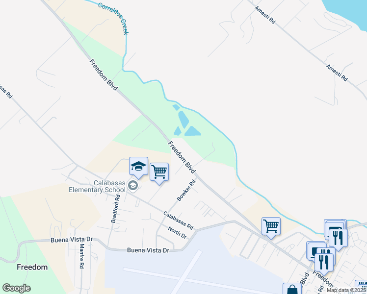 map of restaurants, bars, coffee shops, grocery stores, and more near 2446 Freedom Boulevard in Watsonville
