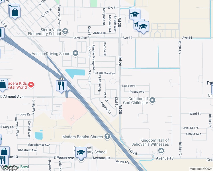 map of restaurants, bars, coffee shops, grocery stores, and more near 609 Pear Street in Madera