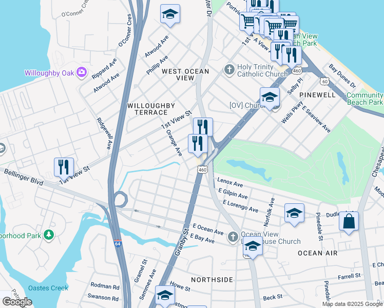 map of restaurants, bars, coffee shops, grocery stores, and more near 9317 Belgrave Avenue in Norfolk