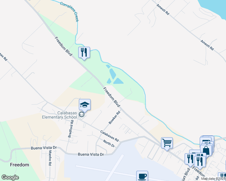 map of restaurants, bars, coffee shops, grocery stores, and more near 2446 Freedom Boulevard in Watsonville