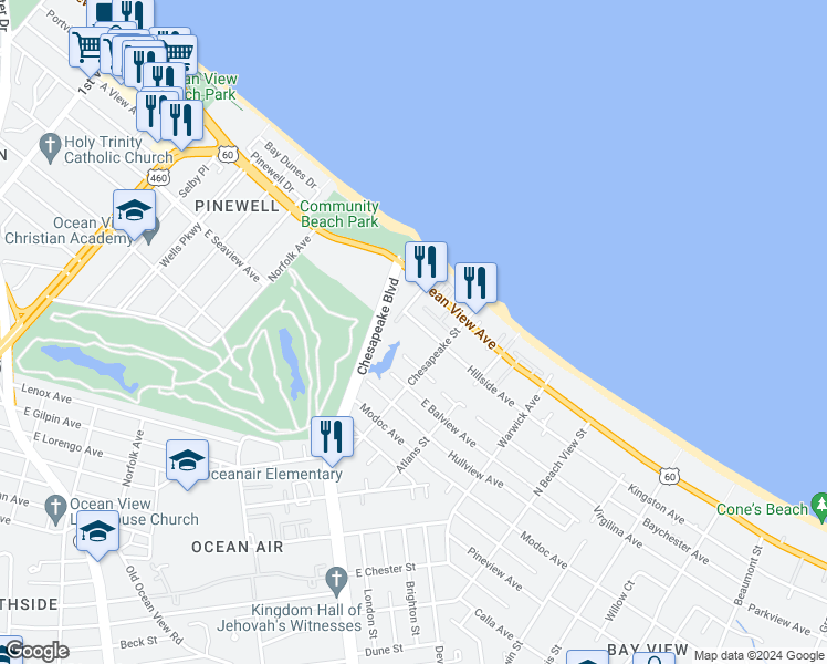 map of restaurants, bars, coffee shops, grocery stores, and more near 929 Hillside Avenue in Norfolk
