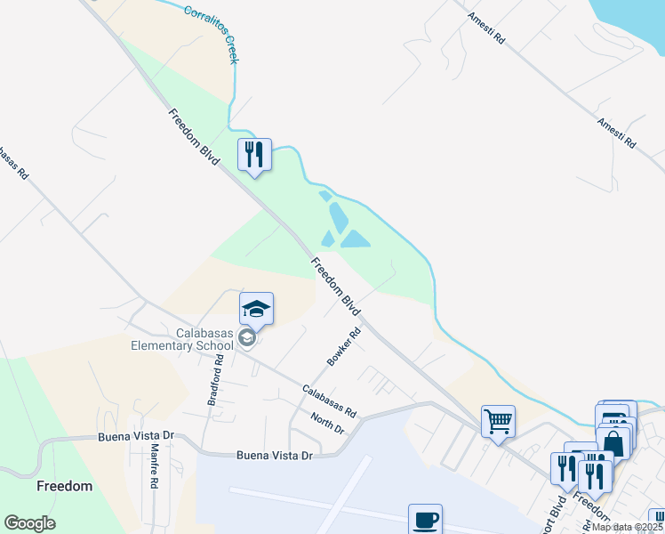 map of restaurants, bars, coffee shops, grocery stores, and more near 2446 Freedom Boulevard in Watsonville