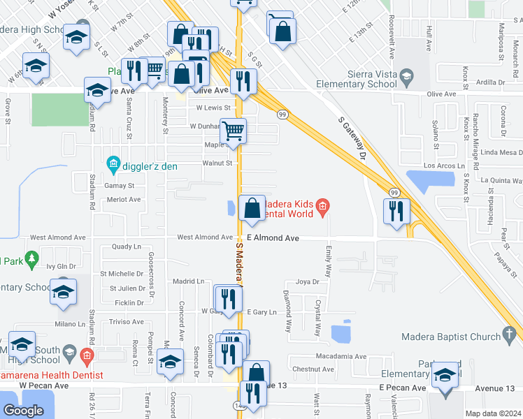 map of restaurants, bars, coffee shops, grocery stores, and more near 625 South Madera Avenue in Madera