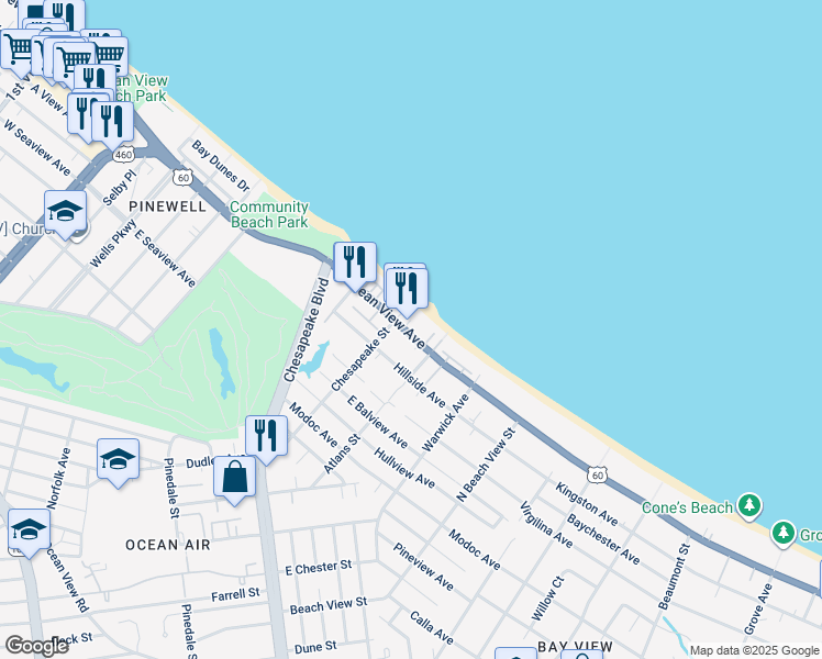 map of restaurants, bars, coffee shops, grocery stores, and more near 1038 East Ocean View Avenue in Norfolk
