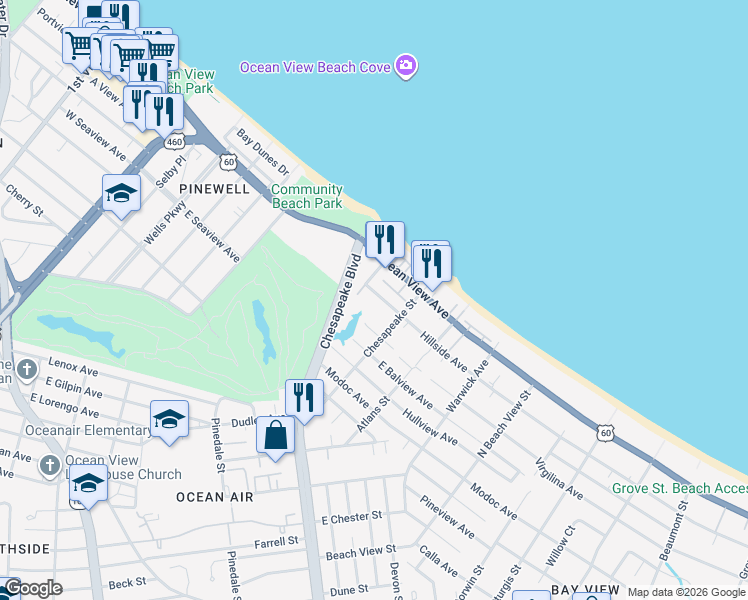 map of restaurants, bars, coffee shops, grocery stores, and more near 929 Hillside Avenue in Norfolk