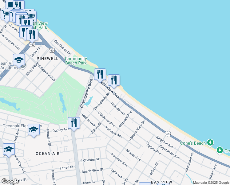 map of restaurants, bars, coffee shops, grocery stores, and more near 1034 East Ocean View Avenue in Norfolk