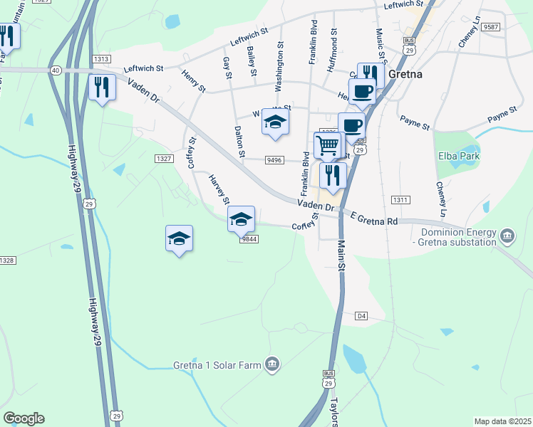 map of restaurants, bars, coffee shops, grocery stores, and more near 114 Coffey Street in Gretna