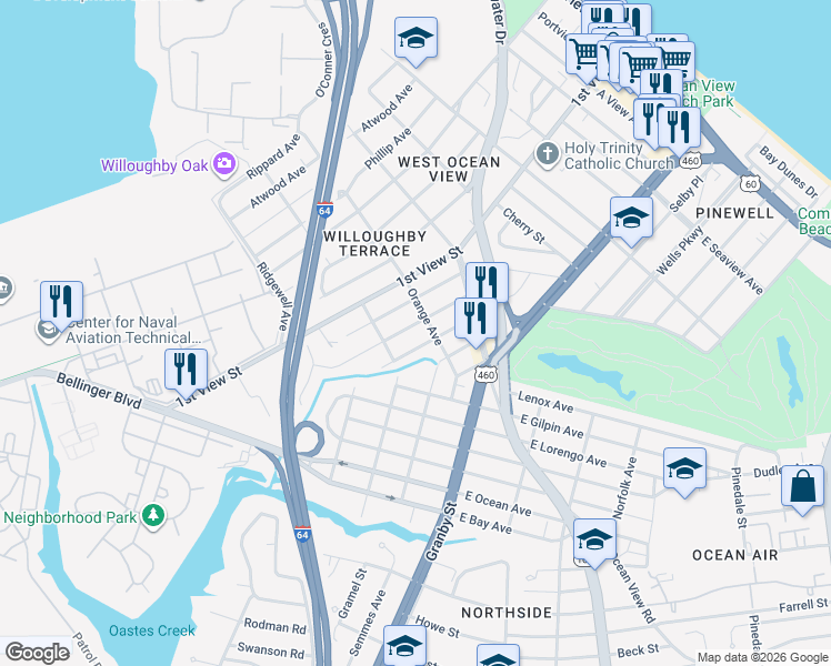 map of restaurants, bars, coffee shops, grocery stores, and more near 9280 Chelsea Avenue in Norfolk