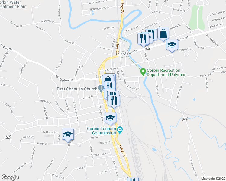 map of restaurants, bars, coffee shops, grocery stores, and more near 115 South Main Street in Corbin