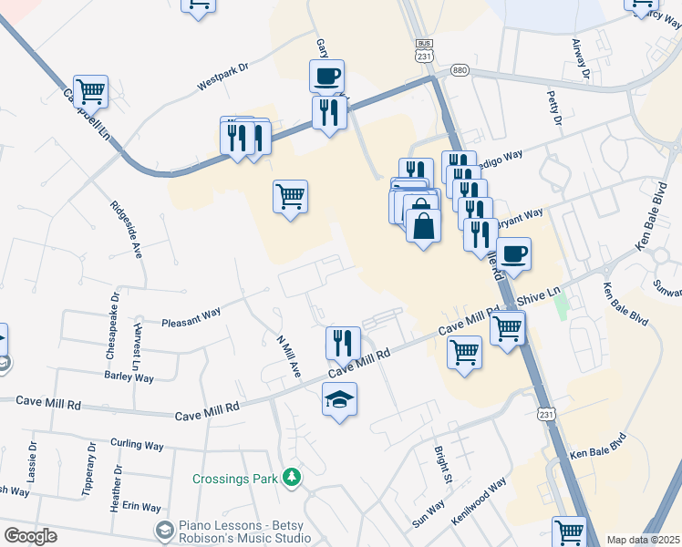 map of restaurants, bars, coffee shops, grocery stores, and more near Chandler Dr in Bowling Green