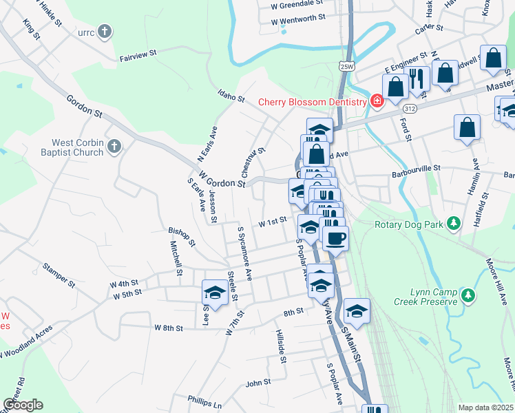 map of restaurants, bars, coffee shops, grocery stores, and more near 100 Padgett Street in Corbin