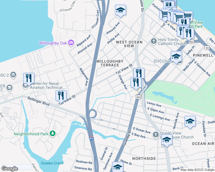 map of restaurants, bars, coffee shops, grocery stores, and more near 9248 Buckman Avenue in Norfolk