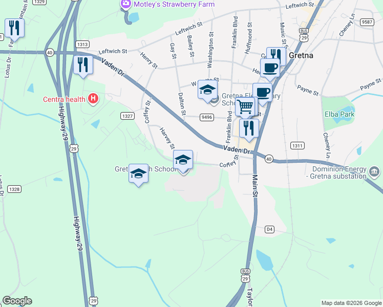 map of restaurants, bars, coffee shops, grocery stores, and more near 134-136 Coffey Street in Gretna