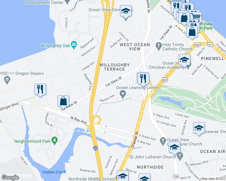 map of restaurants, bars, coffee shops, grocery stores, and more near 9250 Buckman Avenue in Norfolk