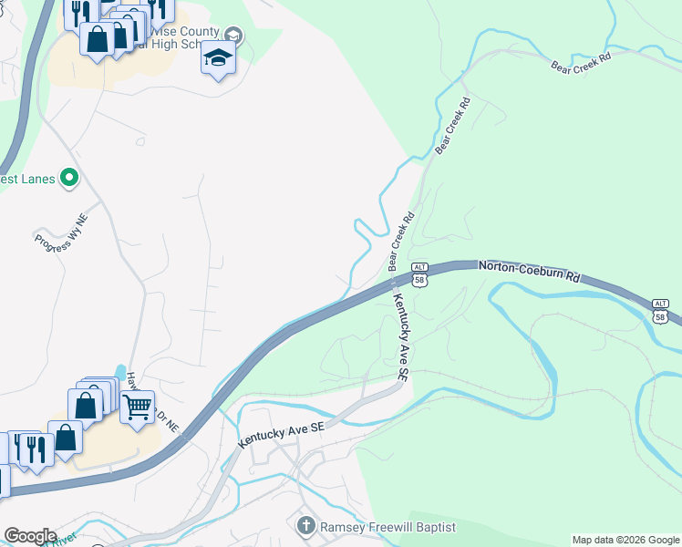 map of restaurants, bars, coffee shops, grocery stores, and more near 1481-1483 Hawthorne Road Southeast in Norton