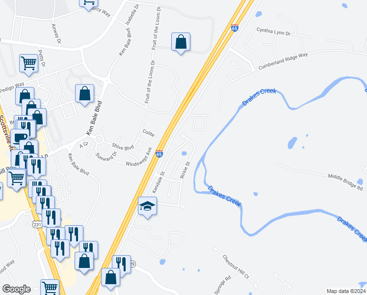 map of restaurants, bars, coffee shops, grocery stores, and more near 112 Kendale Street in Bowling Green