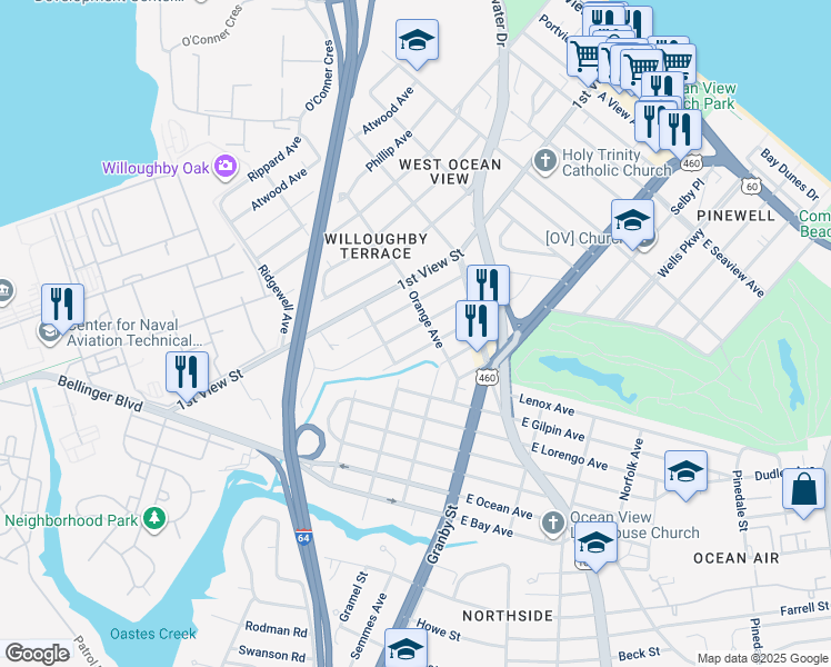 map of restaurants, bars, coffee shops, grocery stores, and more near 9282 Marlow Avenue in Norfolk
