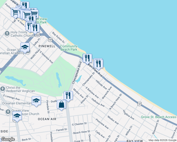 map of restaurants, bars, coffee shops, grocery stores, and more near 929 Hillside Avenue in Norfolk