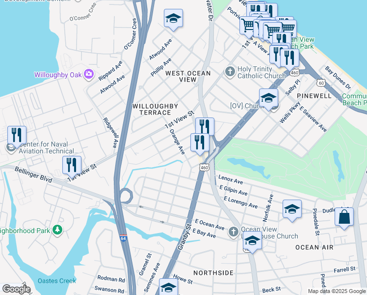 map of restaurants, bars, coffee shops, grocery stores, and more near 9280 Chelsea Avenue in Norfolk