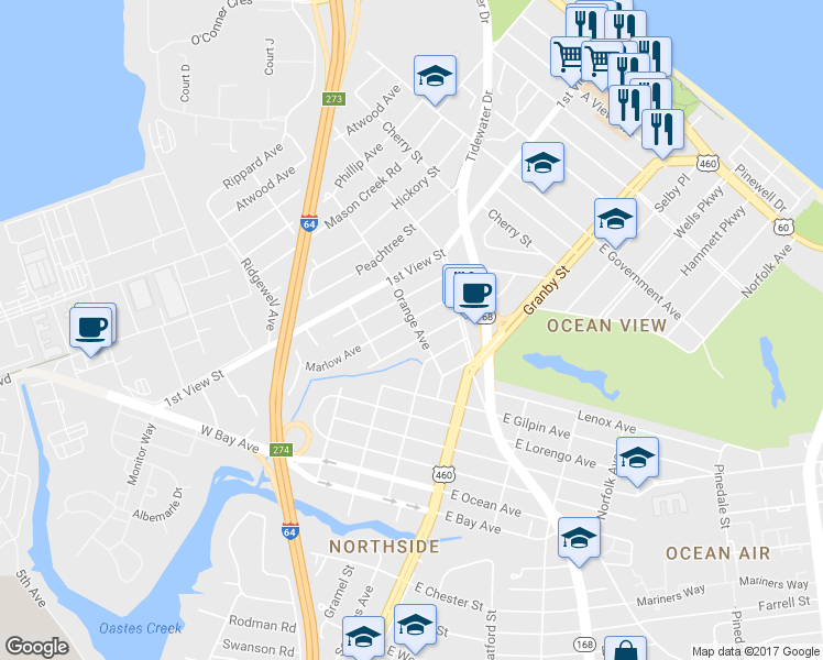 map of restaurants, bars, coffee shops, grocery stores, and more near 9280 Chelsea Avenue in Norfolk