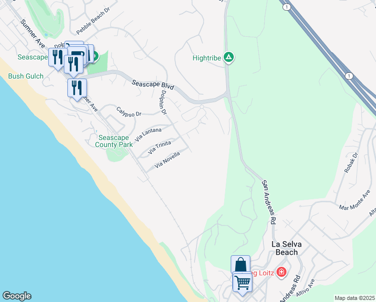map of restaurants, bars, coffee shops, grocery stores, and more near 246 Vía Novella in Aptos