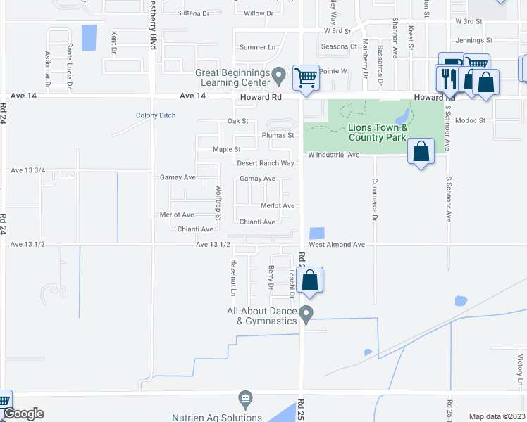 map of restaurants, bars, coffee shops, grocery stores, and more near 2800 Merlot Avenue in Madera