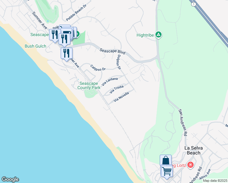 map of restaurants, bars, coffee shops, grocery stores, and more near 158 Via Trinita in Aptos