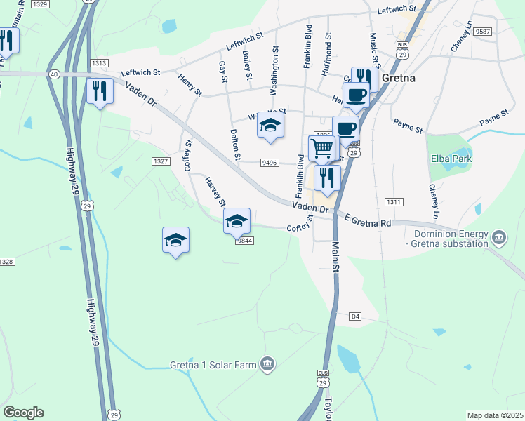 map of restaurants, bars, coffee shops, grocery stores, and more near 114 Coffey Street in Gretna