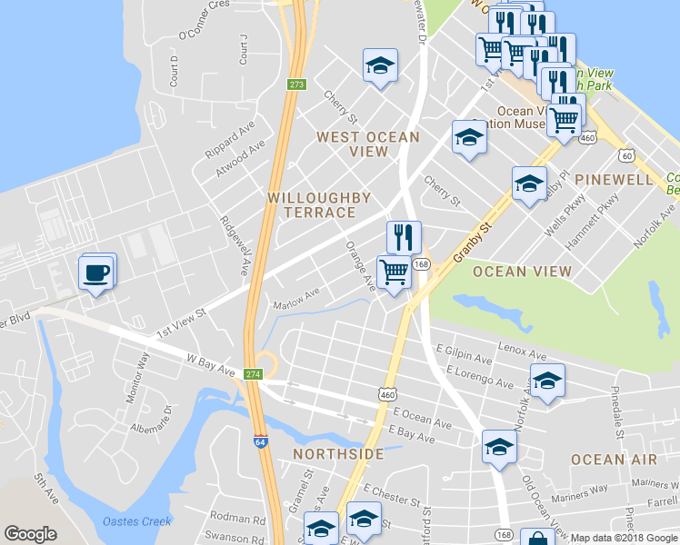 map of restaurants, bars, coffee shops, grocery stores, and more near 9275 Marlow Avenue in Norfolk