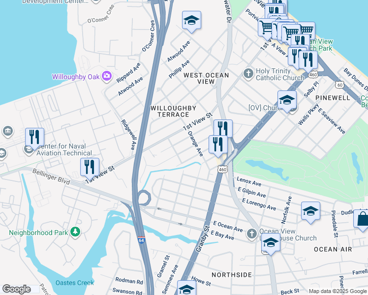 map of restaurants, bars, coffee shops, grocery stores, and more near 9275 Marlow Avenue in Norfolk